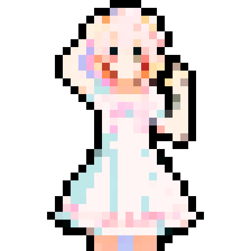 shy anime girl with pastel pink hair, wearing a frilly white dress, waving in a vibrant pixel art scene with a sRGB color palette