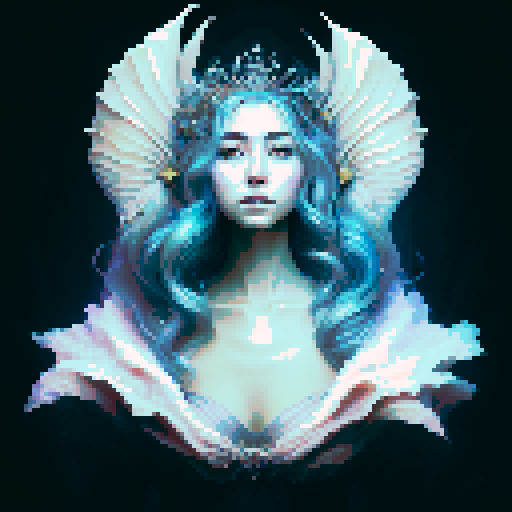 Create a close-up image of a mermaid with a crown in a medieval dark style, with her face partially submerged underwater. Half of her face is above the water's surface, revealing her beautiful features. The crown should have an ethereal, shimmering quality, adding to her majestic presence.
