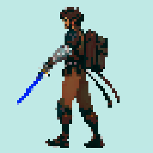 male, athletic and muscular messy hair in shades of brown wearing light armor that offers some protection his outfit is dark with occasional color highlights, and he carries a visible sword in a sheath, along with a small, rugged leather backpack with a single strap across his chest rendered in a 64x64 pixel full body sideview style