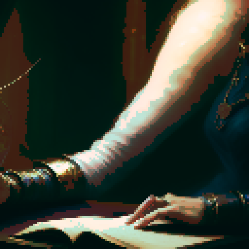 A close-up of the hands of a woman over a table during a tarot card reading in a medieval dark style.