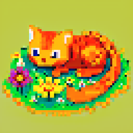 orange cat lying on the meadow, dragonfly on its head, warm summer sun, warm tones