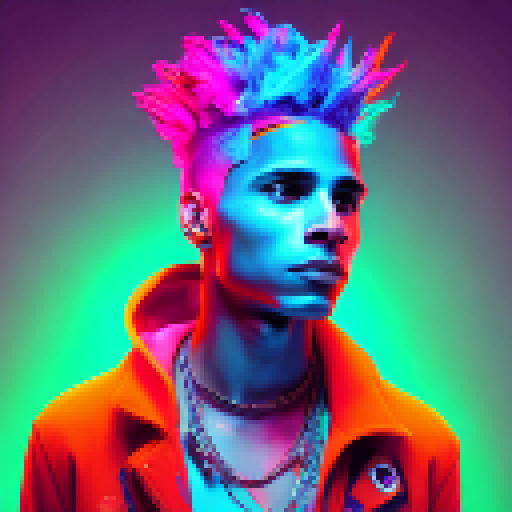 Vibrant Ekko with electric blue hair and glowing time-traveling device, captured in a dynamic full-body portrait with bold graphic lines and a neon color palette.