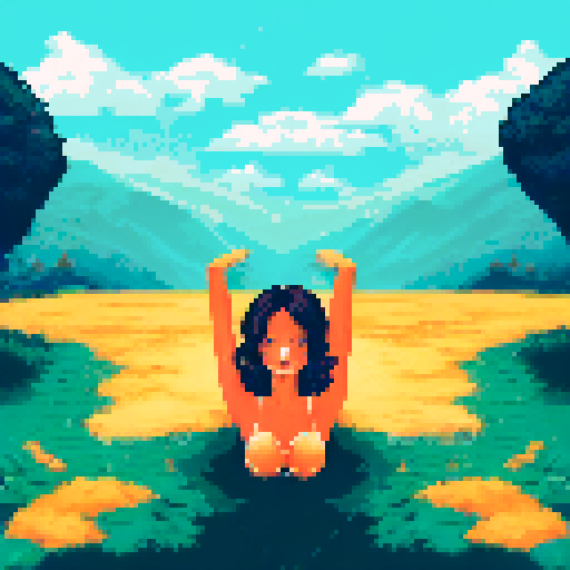 sexy beautiful lingerie model, green eyes, golden wet skin shining, orange sunset light, laying down, coy smile, tanned skin, see through black lace lingerie, black wavy shiny hair, 50mm portrait, sun, glamour, soft curves, ass, full wet lips, sRGB, pixel art, background, landscape