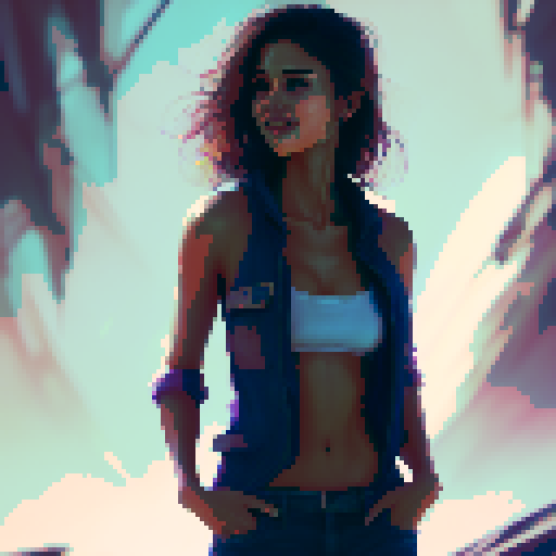 beautiful Latina young woman, bobcut, strapless shirt, jeans, high heels, beach, smile