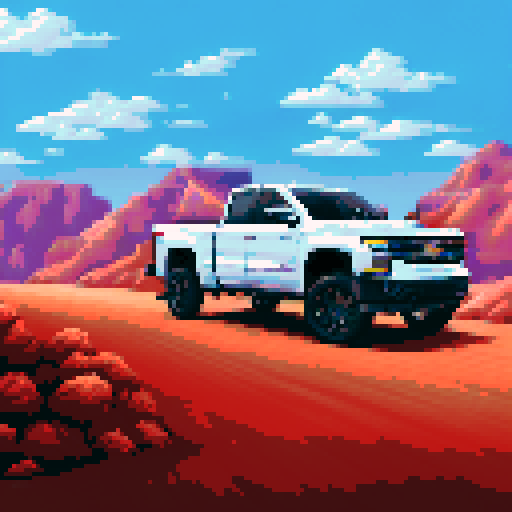Photorealistic, centered Chevrolet Silverado in a three quarter view, right wheel in front, clean background, pixel art style with sRGB colors
