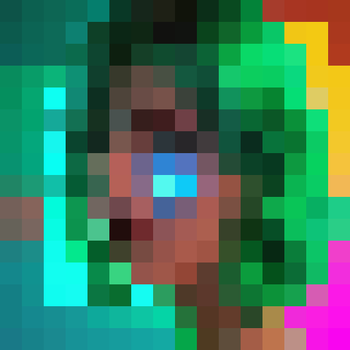 Female AI entity, futuristic cyberpunk, vibrant neon colors, glowing circuitry, mechanical augmentations, pixelated 16x16 game icon, close-up portrait, striking purple hair, piercing green eyes, metallic faceplate, intricate digital patterns, glitching holographic display