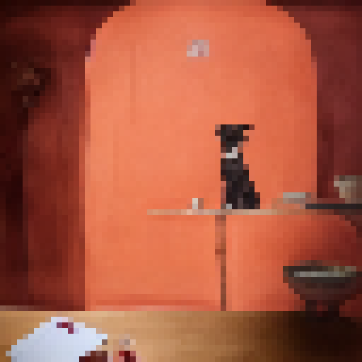 Eager, curious dog, staring intently at a red, diamond playing card on a rustic, wooden table in a watercolor style.