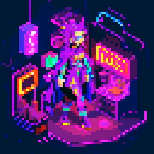 magic mage cyberpunk girl with vibrant purple hair, glowing tattoos, and a flowing cloak, surrounded by holographic neon signs and futuristic market stalls, all rendered in pixel art with a vivid sRGB color palette