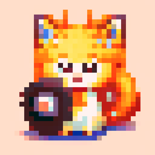 Create a 32x32 pixel art of a playful Kitsune girl, with nine fluffy tails, vibrant orange fur, wearing a traditional Japanese kimono with a cherry blossom pattern, and holding a fan with the image of a crescent moon, all in the style of retro pixel art.