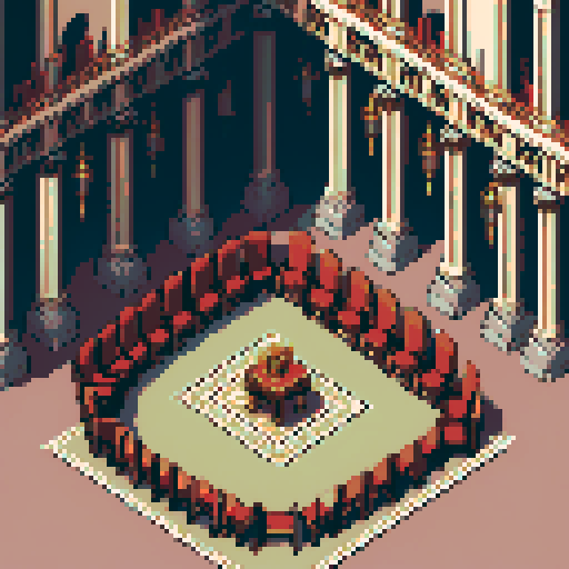 royal council, throne, columns, building, inside, block, wood, discussion table, table, modest