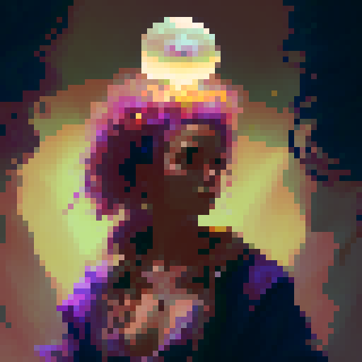 Young bohemian witch with flowing hair and colorful attire, gazing into a glowing crystal ball, view as if you are the client, surrounded by magical items and candles.