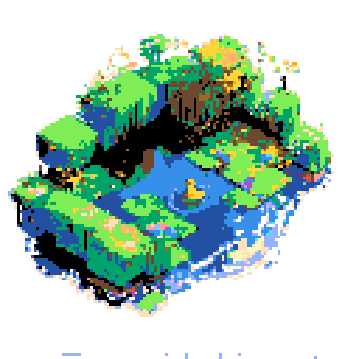 yellow duck in a pond, surrounded by lush greenery and reflecting sunlight in a serene pond with shimmering ripples and pixelated waves, creating a tranquil atmosphere in a picturesque landscape with vibrant colors using intricate pixel art in the sRGB palette