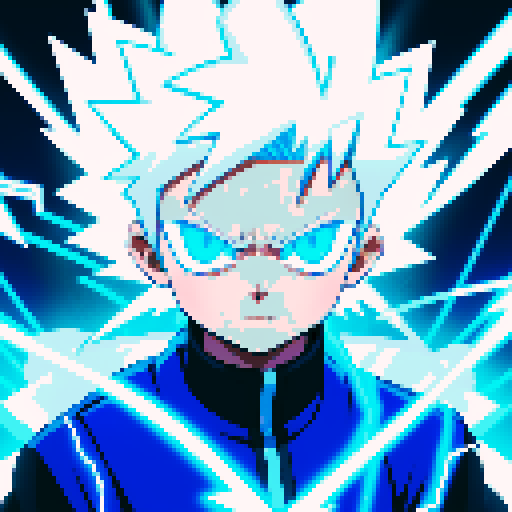 killua zoldyk, electric effect, blue white, pixel art, sRGB, fantastic, lightning bolts, glowing aura, dynamic movement, crackling energy, intense expression