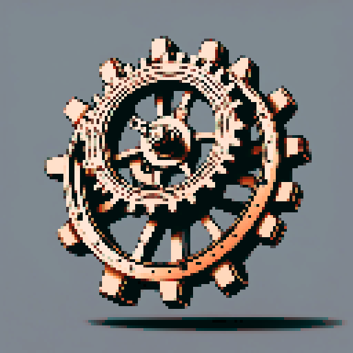 I want a copper gear that looks like it was made by a master clockmaker. It should have strange mechanical details that could interlock with each other. I also want this object usable an asset in a videogame, meaning only one object per image, outlined with a strong black stroke, on a solid-color background.