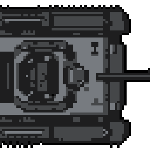 Top-down pixel art tank with large turret, noticeable treads, camouflage color scheme of greens and grays, blocky retro design showcasing armor plating and barrel detail in a pixel art style
