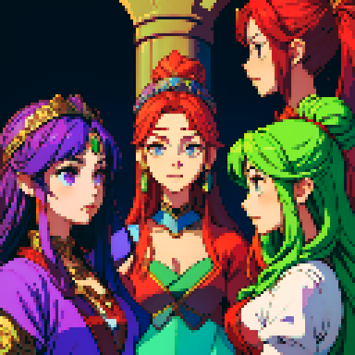 Four goddesses. One goddess is red. One goddess is blue. One goddess is green. One goddess is purple.