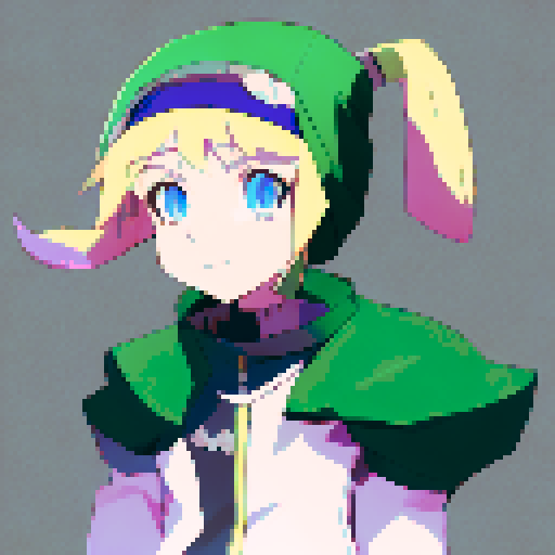 Little girl with blonde pigtails wearing a dark hood in a green forest