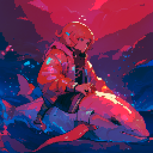 human riding dolphin, vibrant colors, retro video game aesthetic, pixelated waves, 8-bit sprites, dynamic movement, pixel art, sRGB color space, nostalgic vibes, detailed pixel work, playful composition, energetic atmosphere