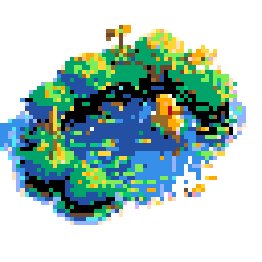 yellow duck in a pond, surrounded by lush greenery and reflecting sunlight in a serene pond with shimmering ripples and pixelated waves, creating a tranquil atmosphere in a picturesque landscape with vibrant colors using intricate pixel art in the sRGB palette