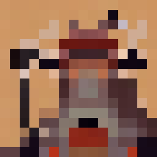 bull character, friendly expression, rosy cheeks, bright eyes, pointy bull hat, adorned buckle, distinguished brown cloak, high collar, gray undergarment, magical staff, claw-like feature, luminous orb, plain solid orange backdrop, game icon, 16x16, pixel art, close up, portrait