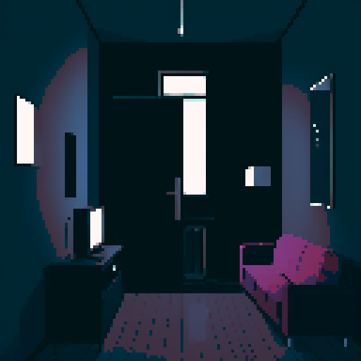 dark apartment interior at night, melancholy, depressed, lonely man's apartment, sadness, dimly lit, bare, urban