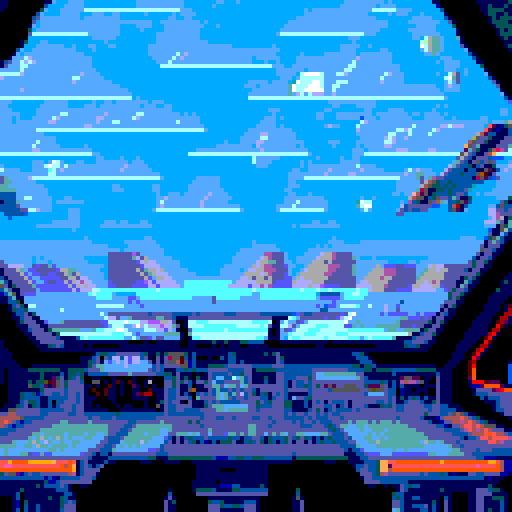 spaceship cockpit interior, blinking lights, knobs, dials, first person view, moody atmosphere, pixelated starscape, retro sRGB color palette, pixel art landscape