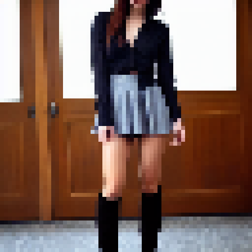 sexy naked school girl with short dark hair open blouse short skirt knee high boots