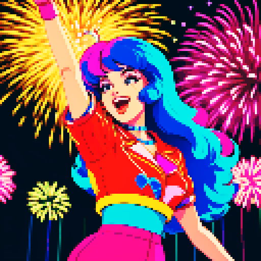Solo vocalist with flowing locks, clad in a vibrant, retro-inspired outfit, passionately singing under the glow of neon lights, captivating a crowd of enraptured fans, their hands raised high, as pixelated fireworks burst in a vivid sRGB color palette