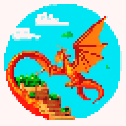 Fiery dragon soaring through a vibrant, pixelated landscape with shimmering scales and a fierce gaze
