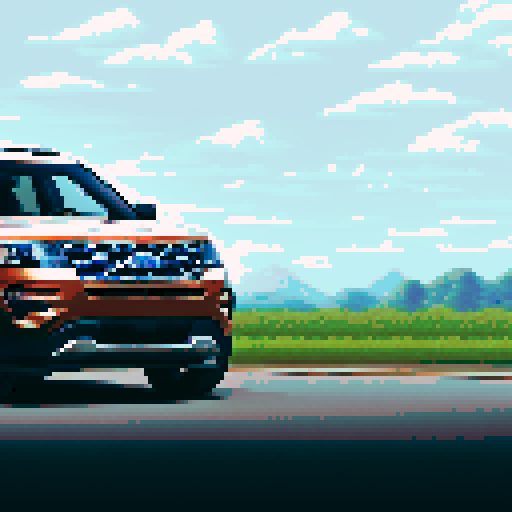 Photorealistic, centered Ford Explorer in a three quarter view, right wheel in front, clean background, pixel art style with sRGB colors