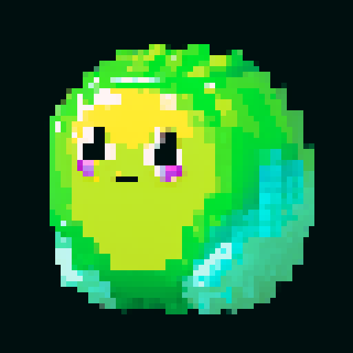 A sparkling, semi-transparent slime with a crystalline structure. It has shimmering facets, bright eyes, and a cheerful smile, with light reflecting inside. No background.
