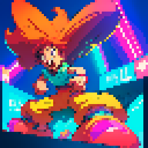 cool guy in hot dog suit, vibrant colors, retro video game vibes, pixelated details, 8-bit art style, exaggerated proportions, dynamic pose, energetic expressions, glowing neon lights, arcade background, pixelated food stalls, pixel art animations, nostalgic atmosphere, playful and fun