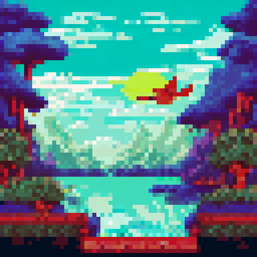 Lake view, majestic eagle soaring above, vibrant wildlife in pixel art, sRGB color palette, detailed background, picturesque landscape