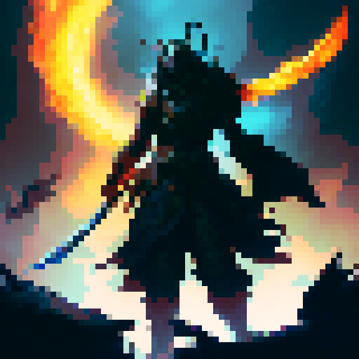 Warrior with a fiery sword, battling a horde of demonic creatures, surrounded by swirling magical energy, against a backdrop of a war-torn fantasy landscape