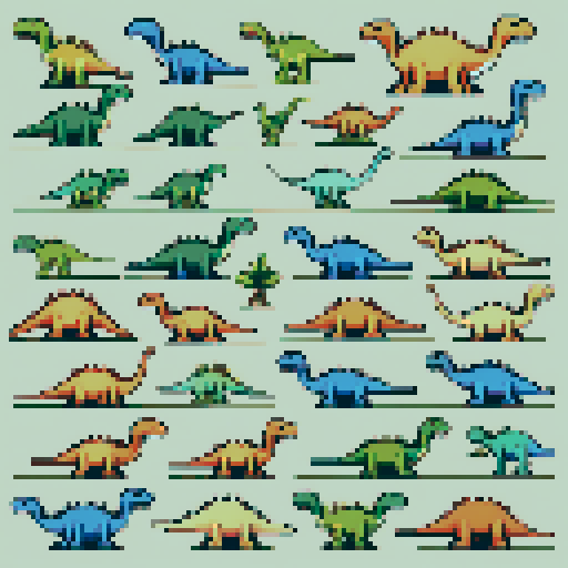 a collection of various dinosaur sprites tessellated into each other modern cross stitch style muted natural tones 