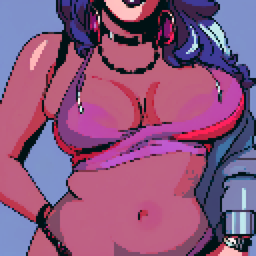 Plus size curvy, cute, busty greaser goth girl, with purple hair, black eyeshadow, red lipstick. Large breasts.  Wearing studded collar. Posing for sexy glamour shot. whole head portrait, avatar photo. vibrant sRGB colors, pixel art, edgy aesthetic