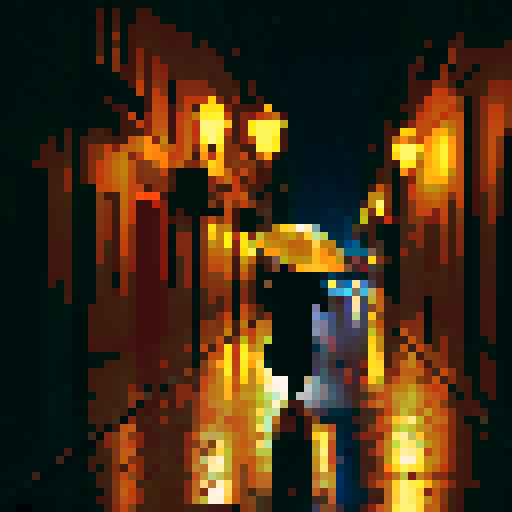 A man walking in the rain down a well lit street. 