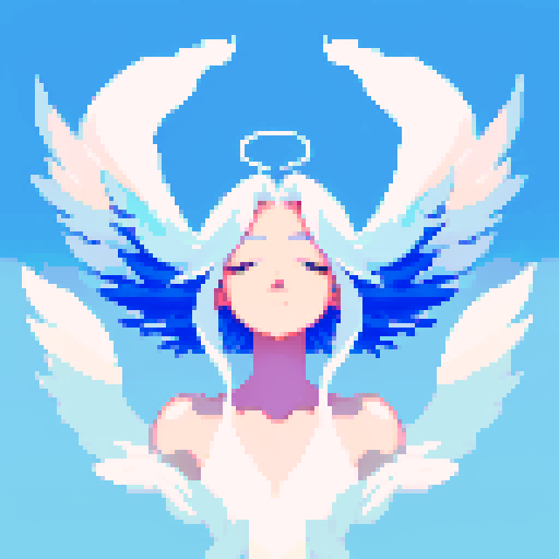 
Beautiful, ethereal angel with shimmering wings and flowing, liquid-like chrome body, rendered in minimalist pixel art with vibrant, dazzling sRGB colors