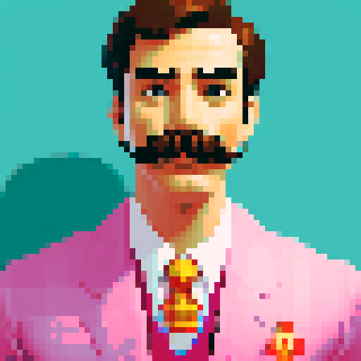 surprised man with a mustache, bright suit, closeup portrait