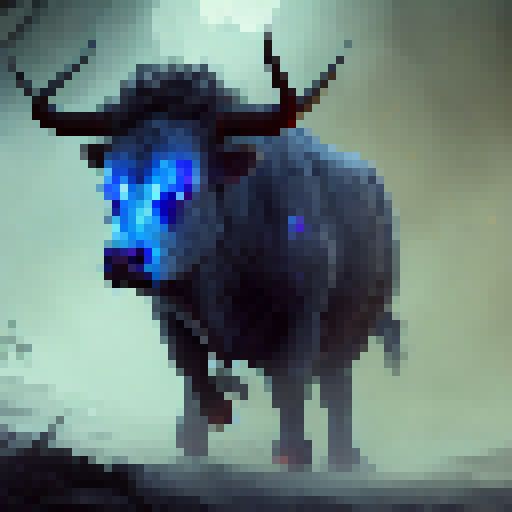 Bull with fiery blue horns and eyes, snorting flames from its nostrils, standing in a dark forest with magical runes etched into the ground and a full moon overhead, ready for battle in a Fantasy RPG.