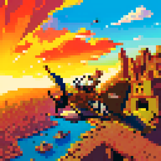 Tintin-style pixel art side scroller, featuring a courageous pilot navigating through a war-torn city, with vibrant explosions, crumbling buildings, soaring fighter planes, and a dramatic sunset backdrop