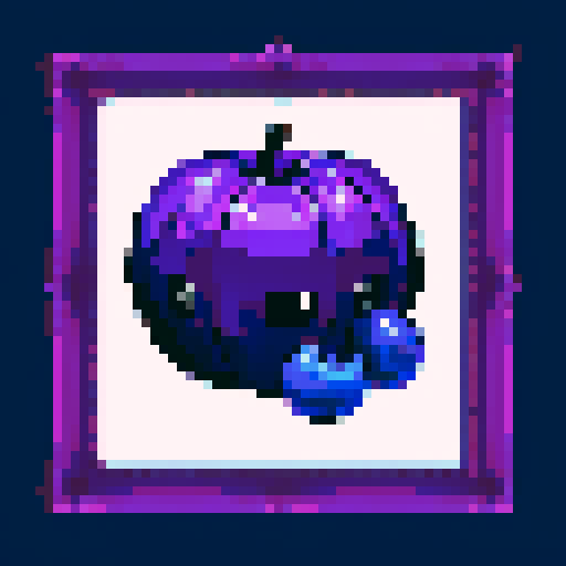 blueberry-made art frame, purple, pixelated fruits in vibrant colors, void inside, dark background, sRGB