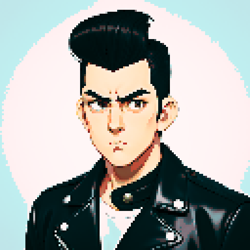Slightly anime style Tough Greaser wearing motorcycle jacket with pompadour hairstyle, portrait, face avatar, sRGB colors.