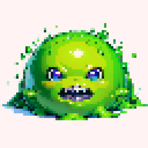 Pixel art of a vibrant, sRGB green slime with shiny, glistening textures and a playful, gooey appearance