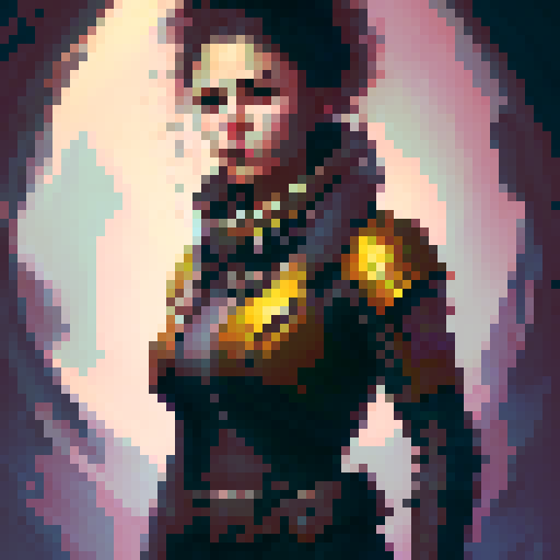 strong, busty, pixelated tavernkeeper woman portrait with non-vibrant colors, emphasized facial features