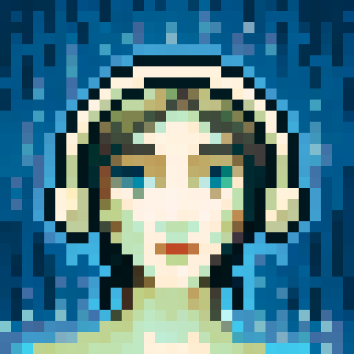 woman, dark hair, shoulder length, blue palette, close up, looking at camera, game icon, 32x32 pixel art, sRGB, skill art