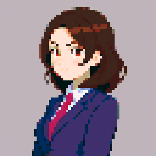 minister of economy, brown hair, close-up, confident stance, anime style, pixel art, suit, front view, 30-years-old, front view, bust, middle-part-hair