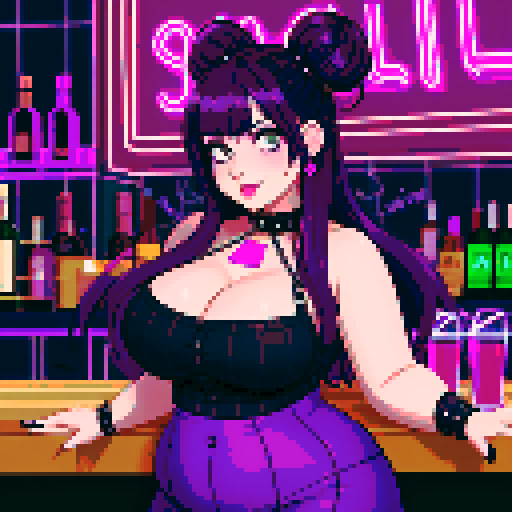 Thicc, curvy, busty goth babe with studded collar, long purple hair in buns, halter top, fishnet stockings, working as a bartender, neon signage, modern tile, pixel art, sRGB