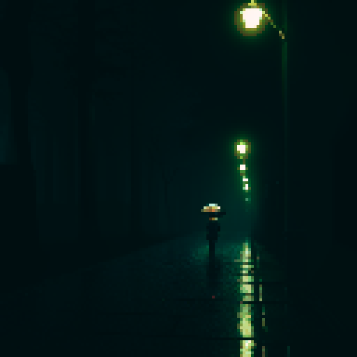 neo noir forest, dark shadows, towering trees, misty atmosphere, neon lights, rain-soaked pavement, a lone figure, trench coat, fedora hat, glowing cigarette, flickering streetlamp, reflections in puddles, abandoned alleyway, hidden secrets, eerie silence, retro video game aesthetic