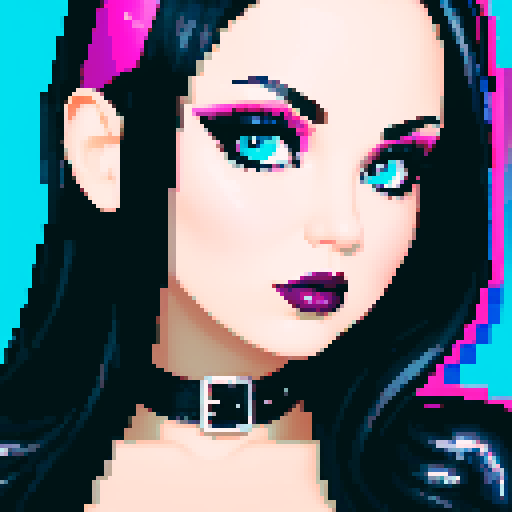 curvy, busty goth girl, face portrait, close up, glamour shot, leather bikini, modern tile backsplash, vivid colors, pixel art, sRGB